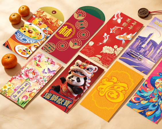 Corporate red pockets offer over 100 template designs, spanning 11 different themes. These themes include Universal Blessing, Year of the Dragon red pockets, and pet-themed red packets.