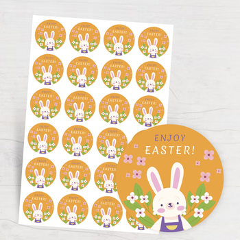 復活節主題設計，橙色主調，卡通兔子與花卉元素 