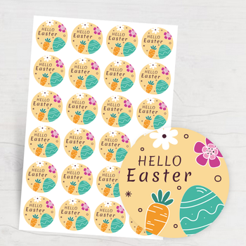 可愛童趣復活節 Hello Easter，暖黃主色搭配多彩元素，圓形構圖 