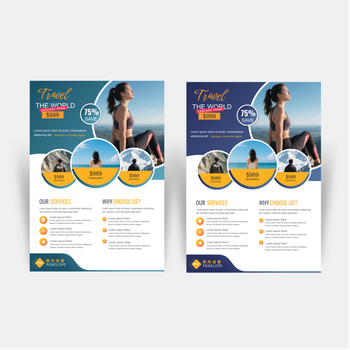 旅遊宣傳海報模板，清新風格，藍黃主色調與視覺元素 