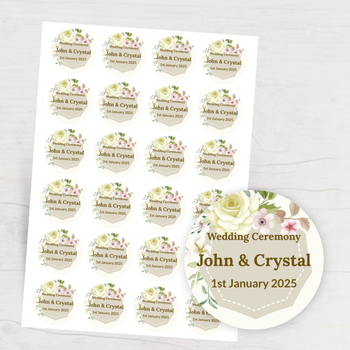 浪漫優雅結婚貼紙，米綠主色搭配花朵元素 