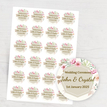 浪漫典雅結婚貼紙，米色粉色搭配花卉元素 