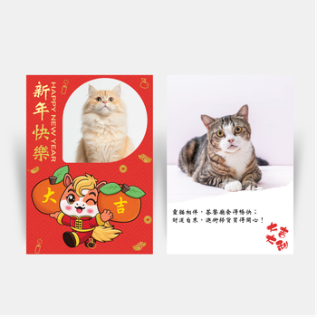 中國新年風格設計模板，紅金配色搭配貓馬圖像 