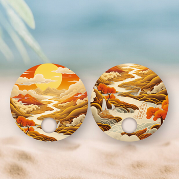 暖色系扁平插畫模板，含山河建築等自然人文元素 