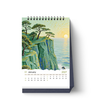 2027年桌曆設計模板：清新自然插畫風，綠藍黃配色 