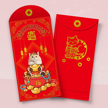 新年紅包模板，招財貓與福字元素融合 